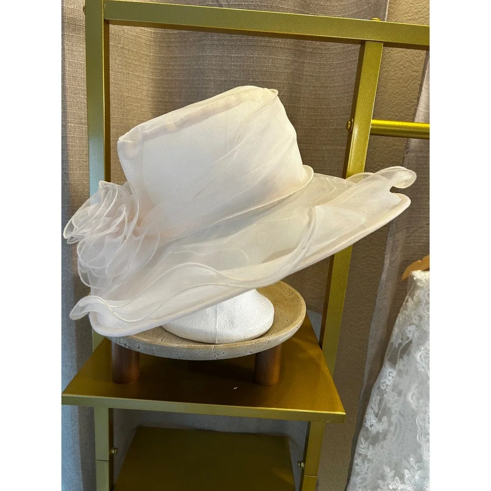 Women Blush Pink Sheer Organza Wide Brim Church Derby Hat Cream Floral Tea Party